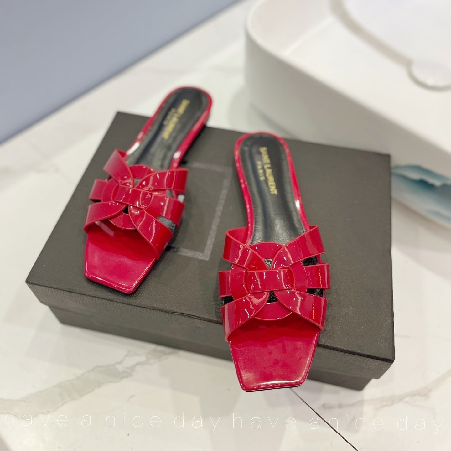 Luxury Saint Laurent SL TRIBUTE SLIPPERS GLOSSY RED CALFSKIN