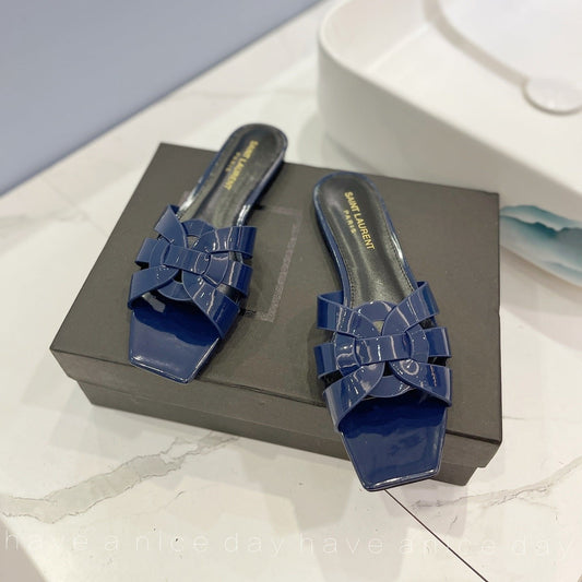 Luxury Saint Laurent SL TRIBUTE SLIPPERS GLOSSY NAVY CALFSKIN
