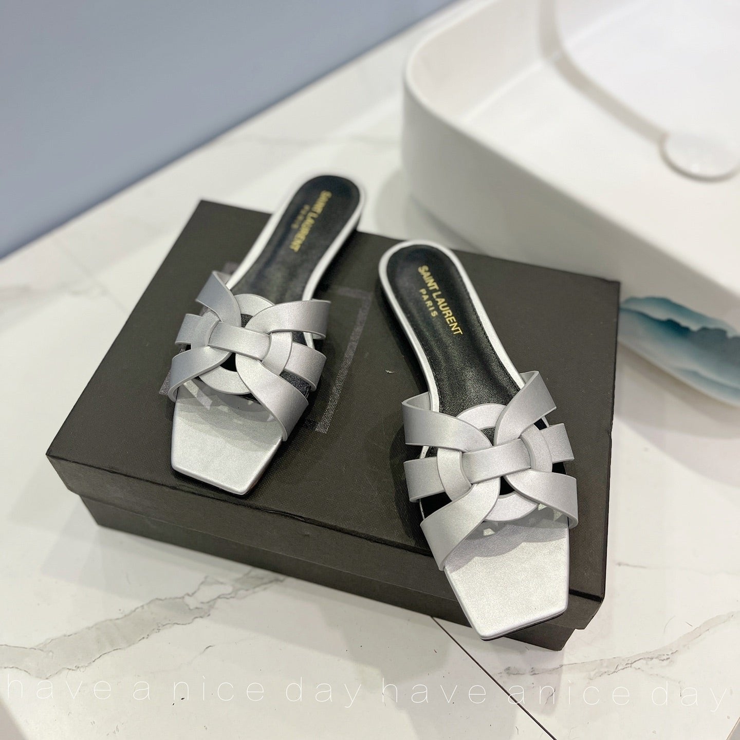 Luxury Saint Laurent SL TRIBUTE SLIPPERS SILVER CALFSKIN