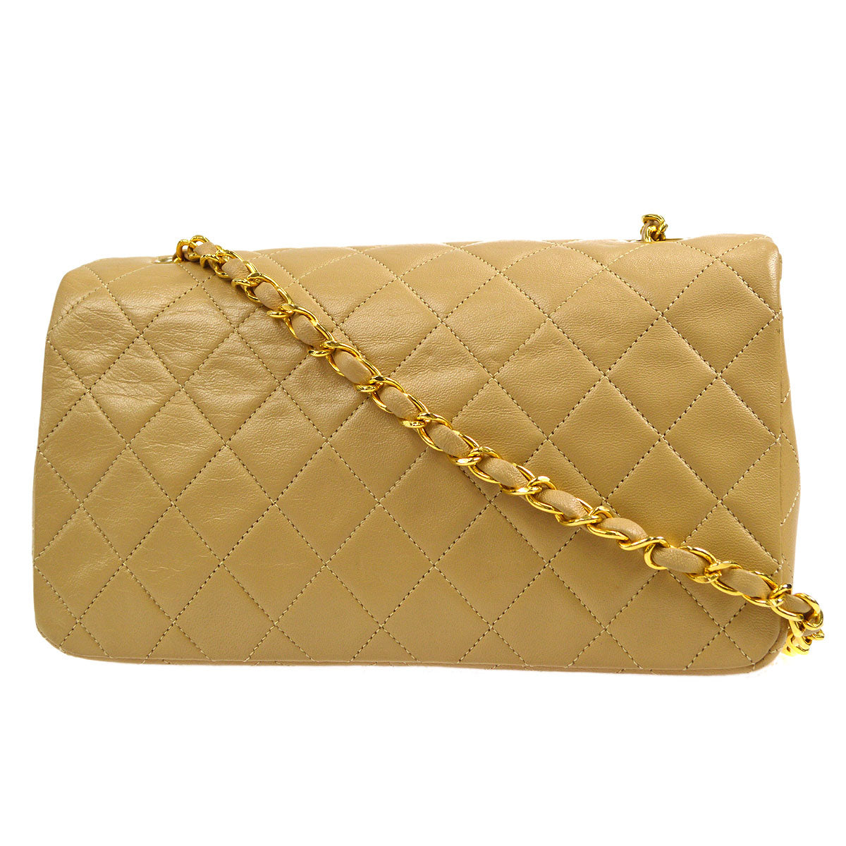 CHANEL★ 1989-1991 CC Turnlock Full Flap Small Beige Lambskin 17276