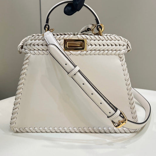 Luxury FendiPEEKABOO ISEEU 27 IN WHITE SMOOTH CALFSKIN WITH WOVEN TRIM GOLD HARDWARE