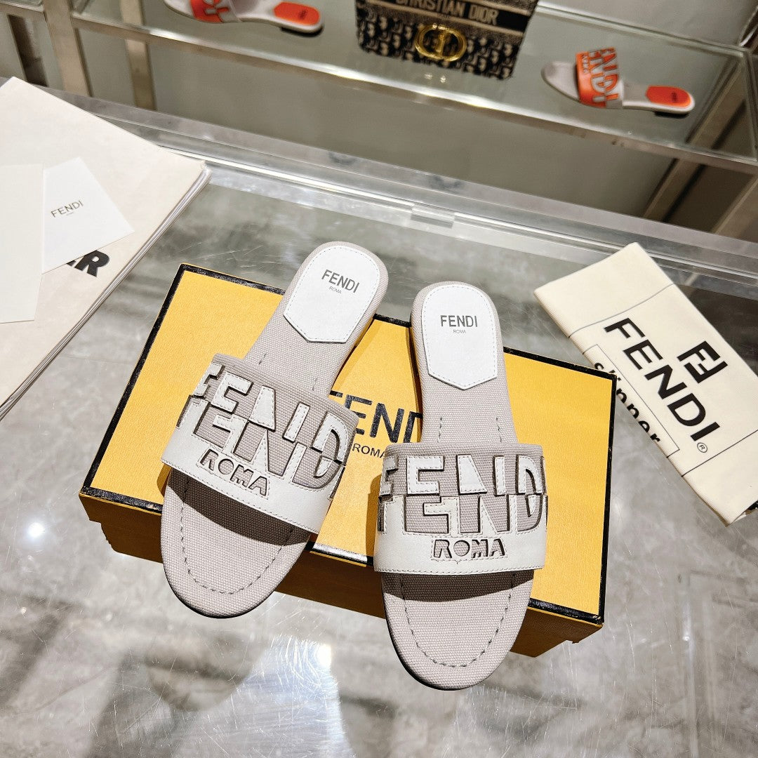 Luxury FendiFF Women Roma Signature White Grey Canvas Leather Slide