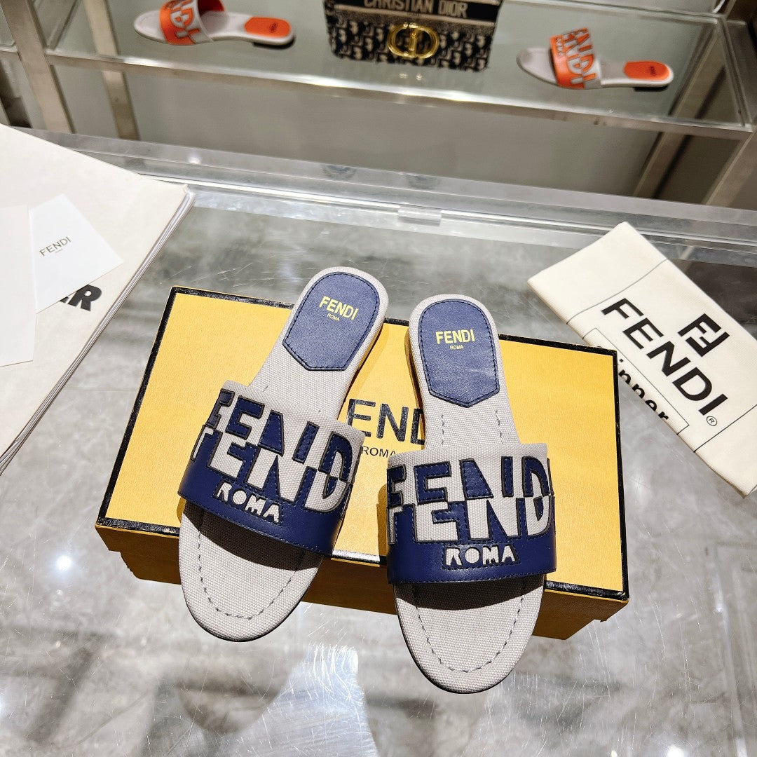 Luxury FendiFF Women Roma Signature Blue Grey Canvas Leather Slide