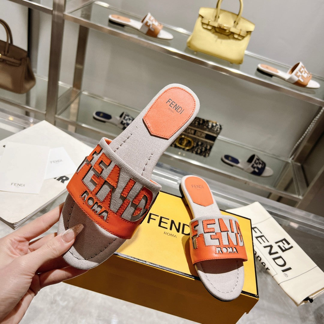 Luxury FendiFF Women Roma Signature Orange Grey Canvas Leather Slide