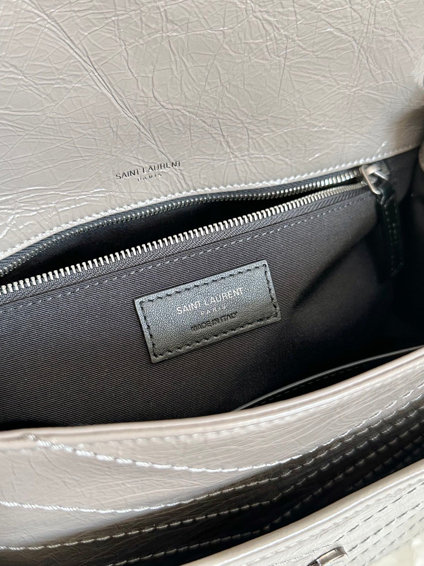 Luxury Saint Laurent YSL Niki Medium Bag 28cm Grey Crinkled Vintage Leather