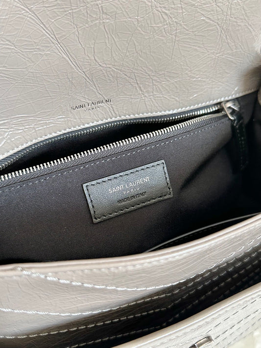 Luxury Saint Laurent YSL Niki Medium Bag 28cm Grey Crinkled Vintage Leather