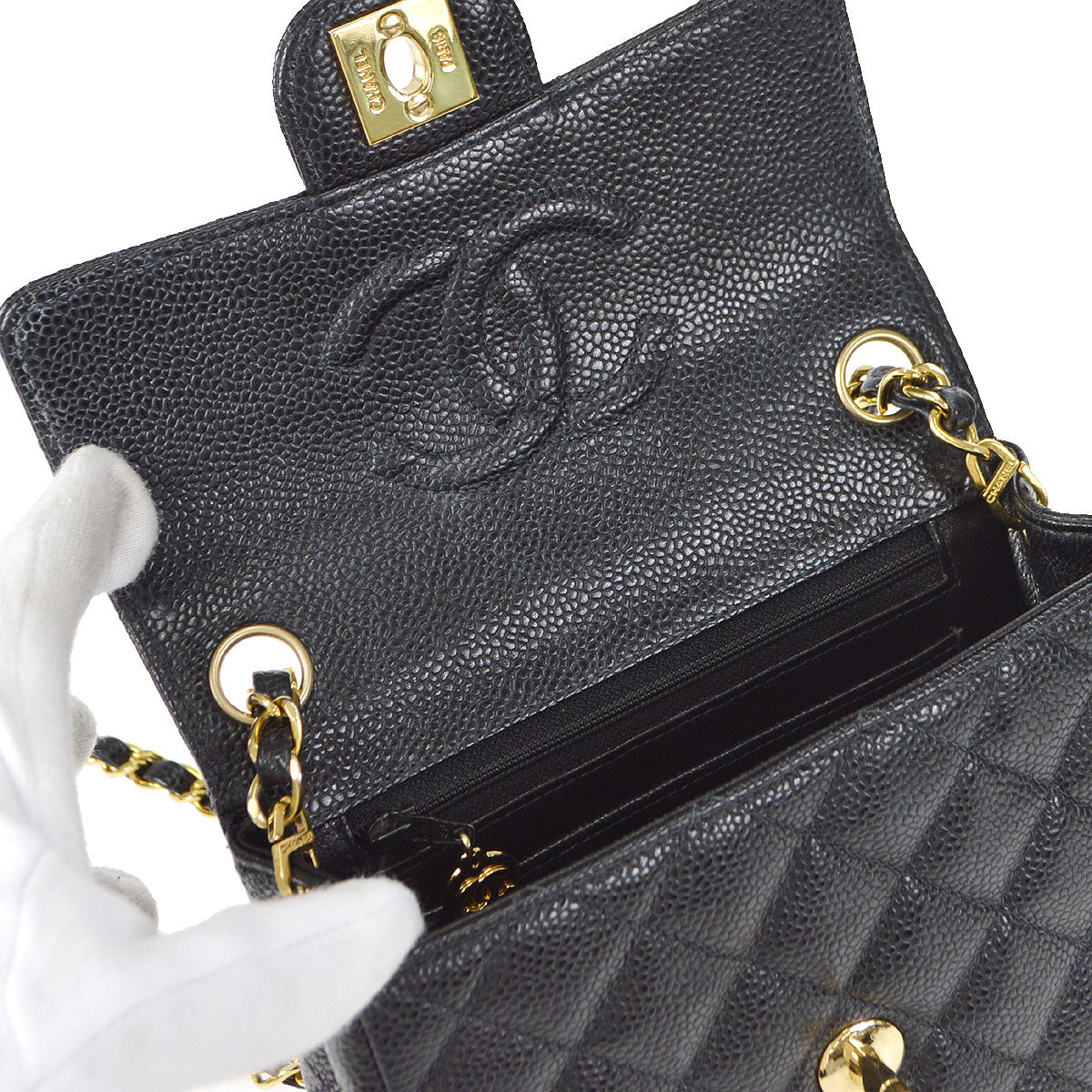 CHANEL Classic Flap Mini Square Chain Shoulder Bag Black Caviar 18176