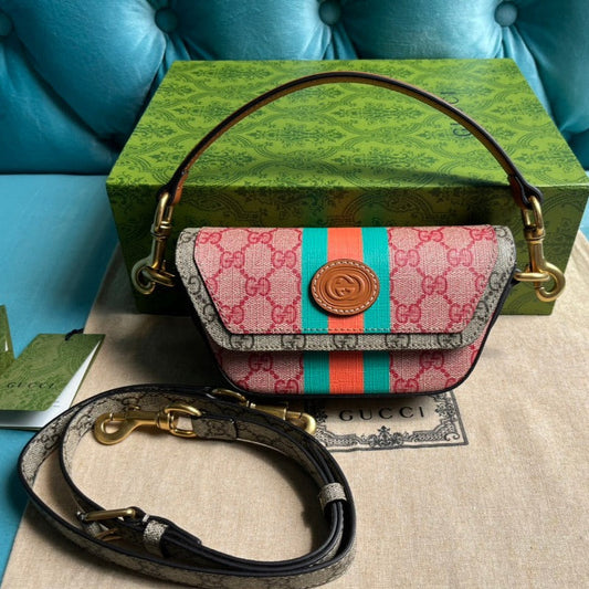 Luxury Gucci GG MINI 13 HANDBAG IN LIGHT PINK AND BEIGE CANVAS