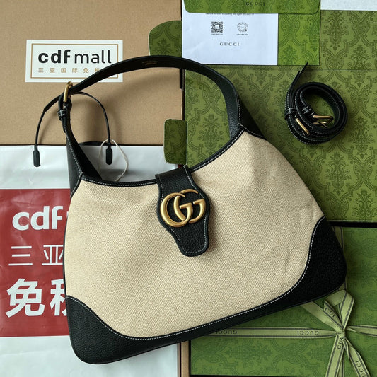 Luxury Gucci MEDIUM APHRODITE 39 BAG IN BEIGE CANVAS AND BLACK CALFSKIN GOLD HARDWARE