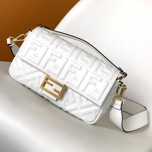 Luxury FendiFend Baguette 27 Bag With FF Motif White Leather Ghw