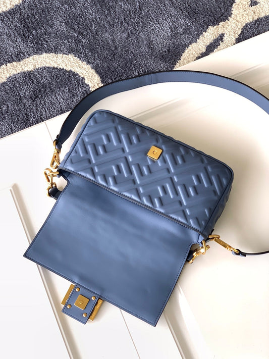Luxury FendiFend Baguette 27 Bag With FF Motif Blue Leather Ghw