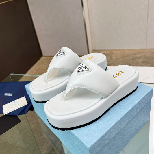 Luxury PradaSOFT PADDED NAPPA THONG WEDGE SANDALS WHITE LAMBSKIN