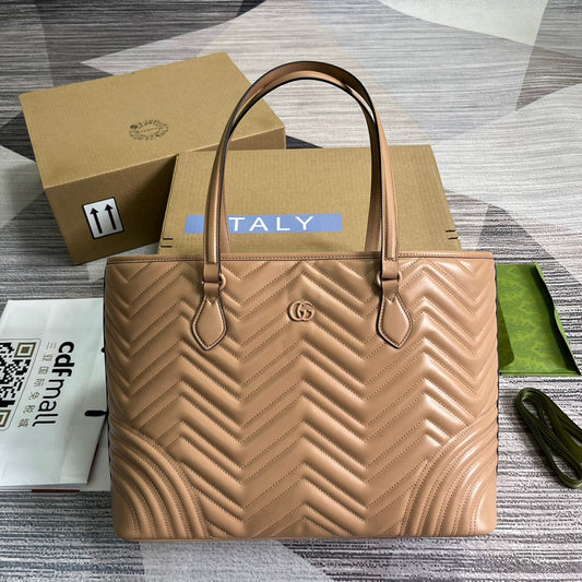 Luxury Gucci GG MARMONT LARGE 38 TOTE IN BEIGE CAMEL CALFSKIN