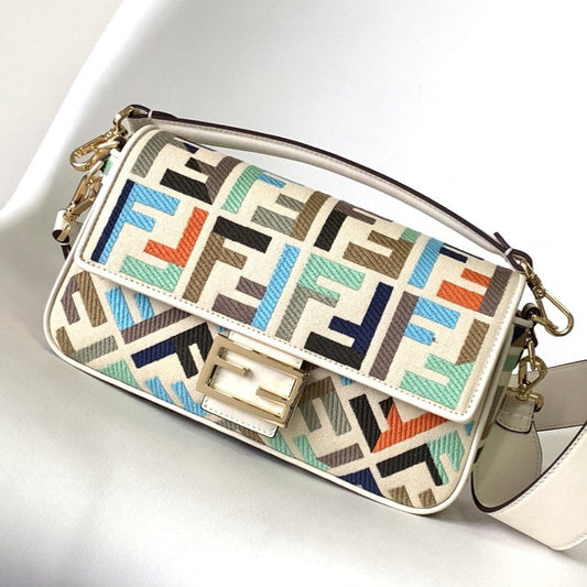 Luxury FendiFend Baguette White and Multicolour Canvas Bag 27 with FF Embroidery Ghw