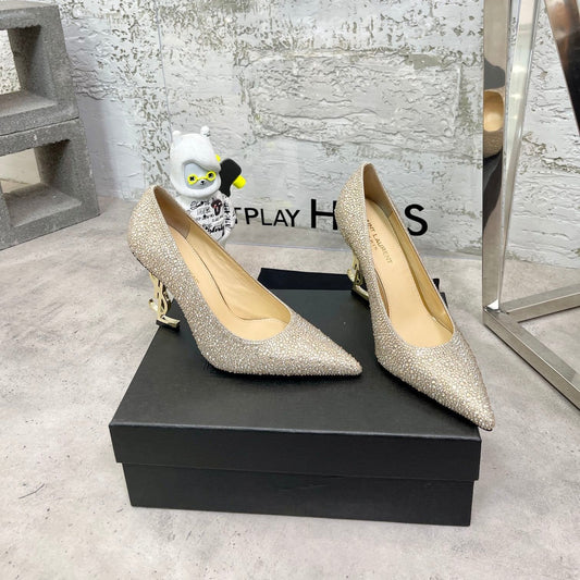 Luxury Saint Laurent SL OPYUM BASIC HIGH HEEL GOLD CRYSTAL SATIN