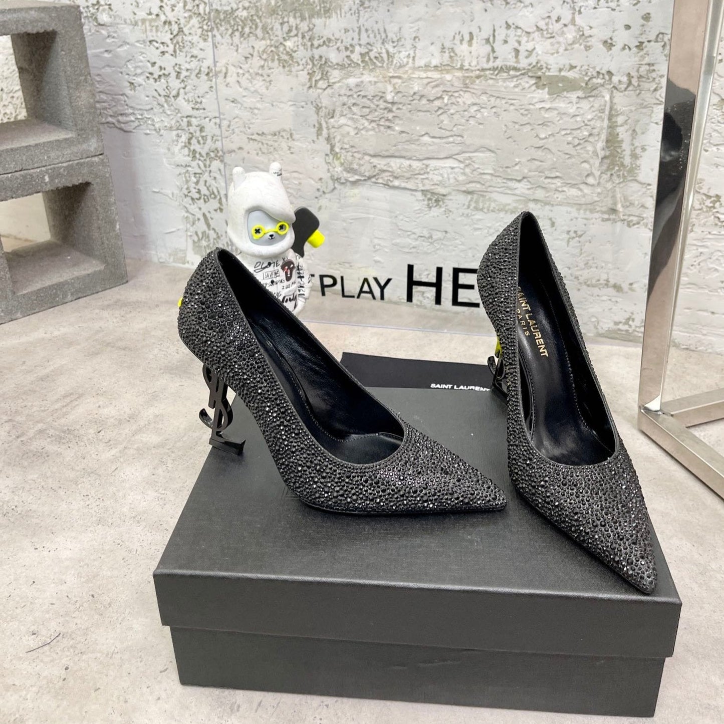 Luxury Saint Laurent SL OPYUM BASIC HIGH HEEL BLACK CRYSTAL SATIN