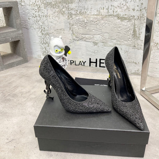 Luxury Saint Laurent SL OPYUM BASIC HIGH HEEL BLACK CRYSTAL SATIN