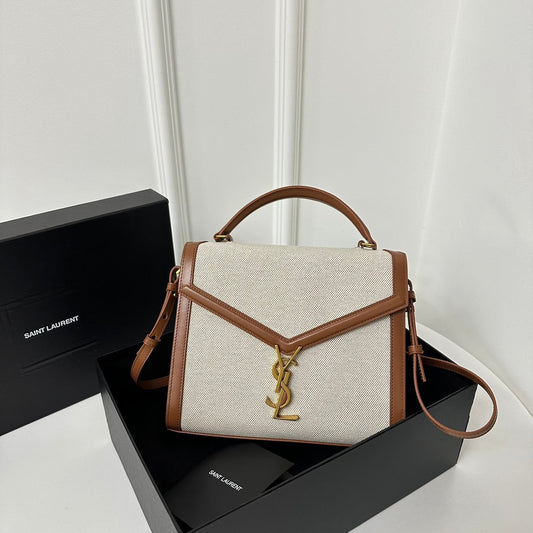 Luxury Saint Laurent SL Cassandra Top Handle 2wayBag Beige Canvas Brown Leather