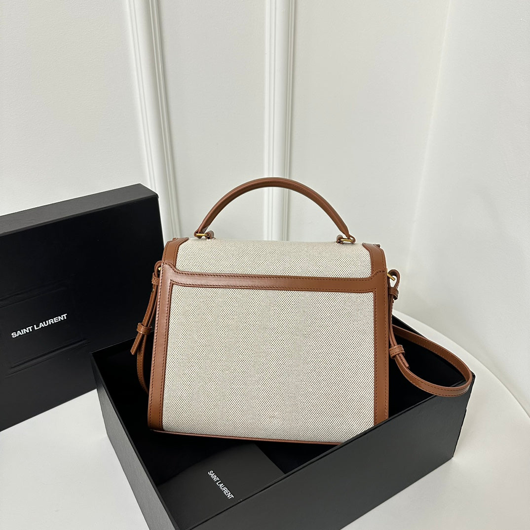 Luxury Saint Laurent SL Cassandra Top Handle 2wayBag Beige Canvas Brown Leather