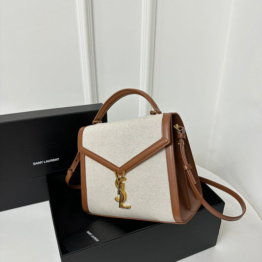 Luxury Saint Laurent SL Cassandra Top Handle 2wayBag Beige Canvas Brown Leather