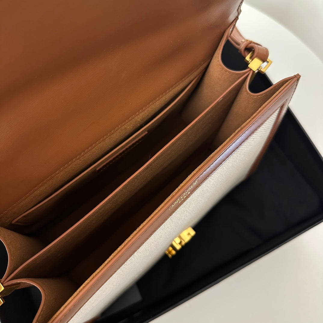 Luxury Saint Laurent SL Cassandra Top Handle 2wayBag Beige Canvas Brown Leather