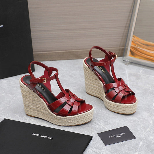 Luxury Saint Laurent SL TRIBUTE WEDGE SANDALS BERRY POLISHED CALFSKIN