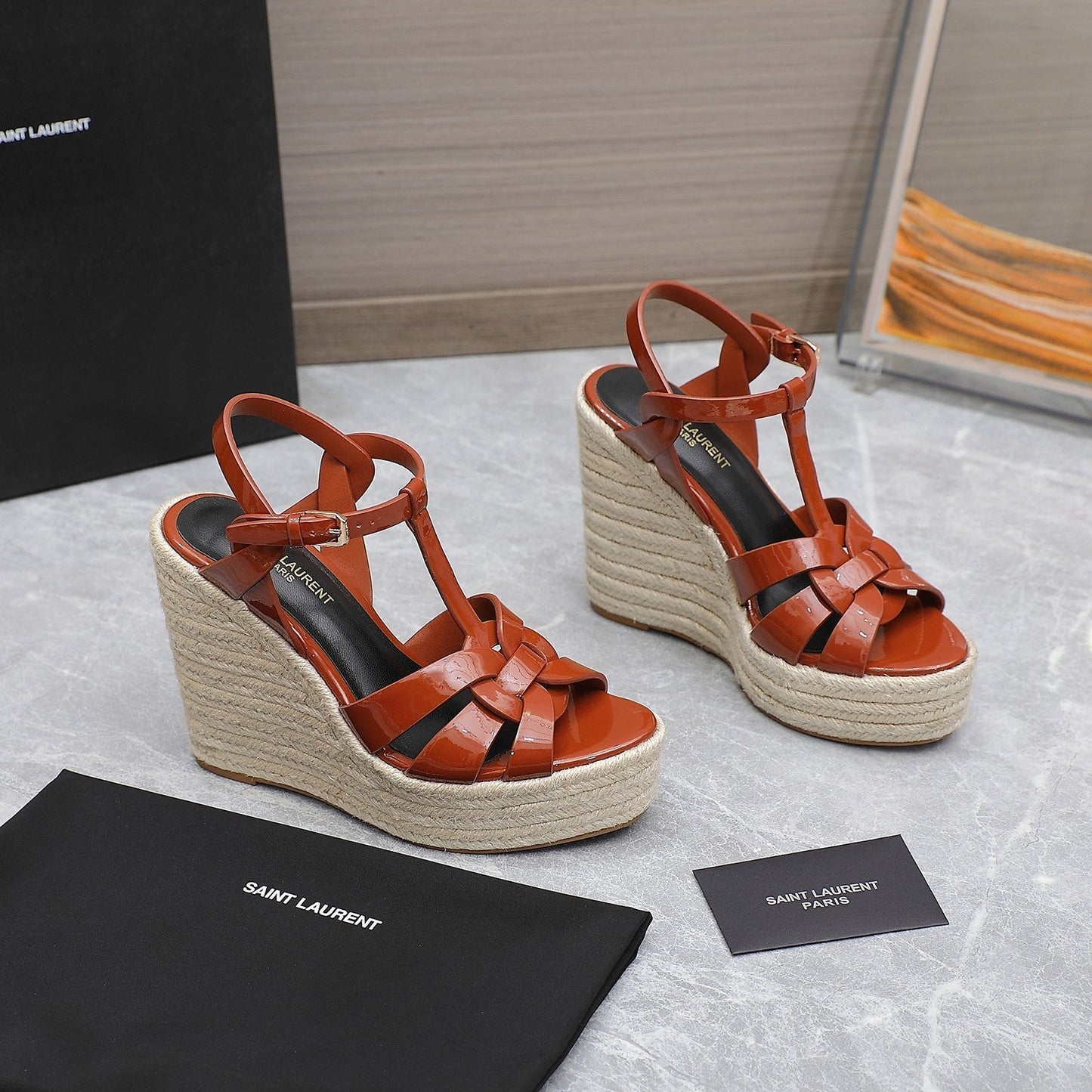 Luxury Saint Laurent SL TRIBUTE WEDGE SANDALS BRICK POLISHED CALFSKIN