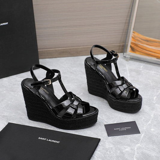 Luxury Saint Laurent SL TRIBUTE WEDGE SANDALS BLACK POLISHED CALFSKIN