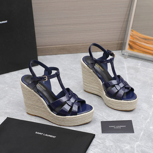 Luxury Saint Laurent SL TRIBUTE WEDGE SANDALS NAVY POLISHED CALFSKIN