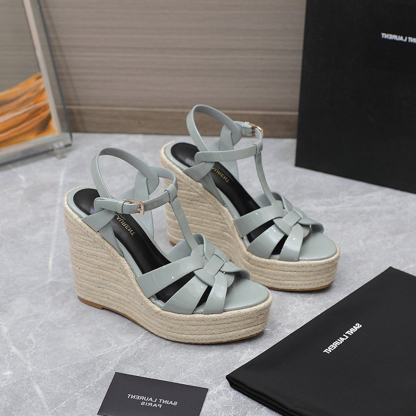 Luxury Saint Laurent SL TRIBUTE WEDGE SANDALS TEMPERED GREY POLISHED CALFSKIN