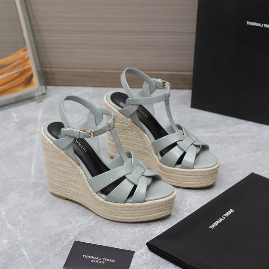 Luxury Saint Laurent SL TRIBUTE WEDGE SANDALS TEMPERED GREY POLISHED CALFSKIN