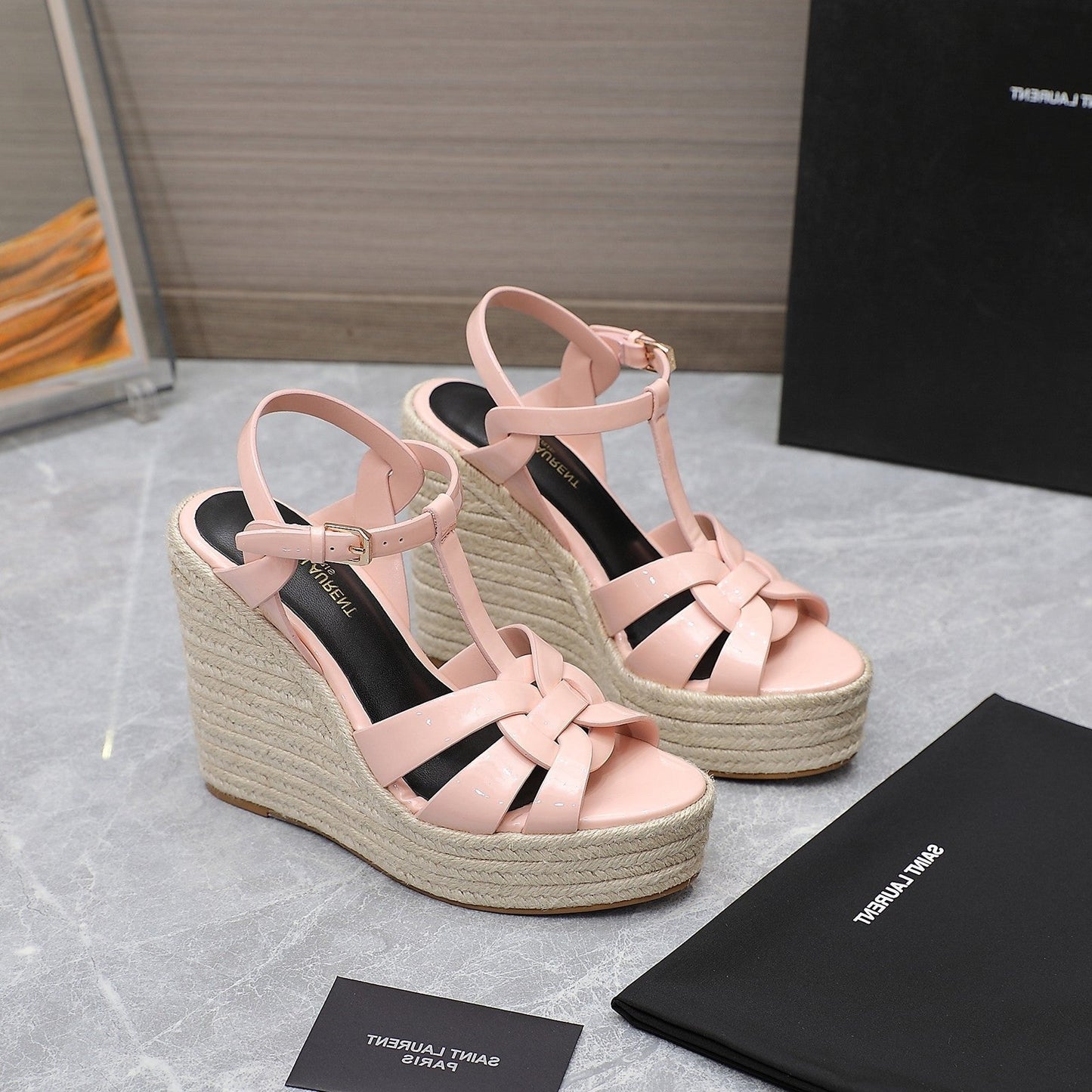 Luxury Saint Laurent SL TRIBUTE WEDGE SANDALS PASTEL PINK POLISHED CALFSKIN