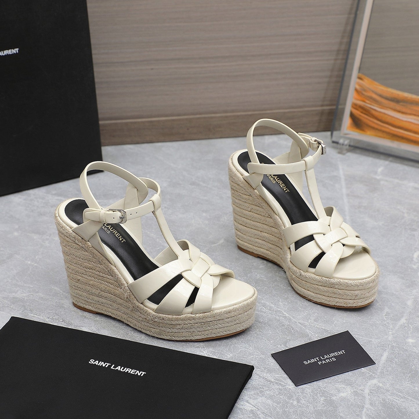 Luxury Saint Laurent SL TRIBUTE WEDGE SANDALS CREAM POLISHED CALFSKIN