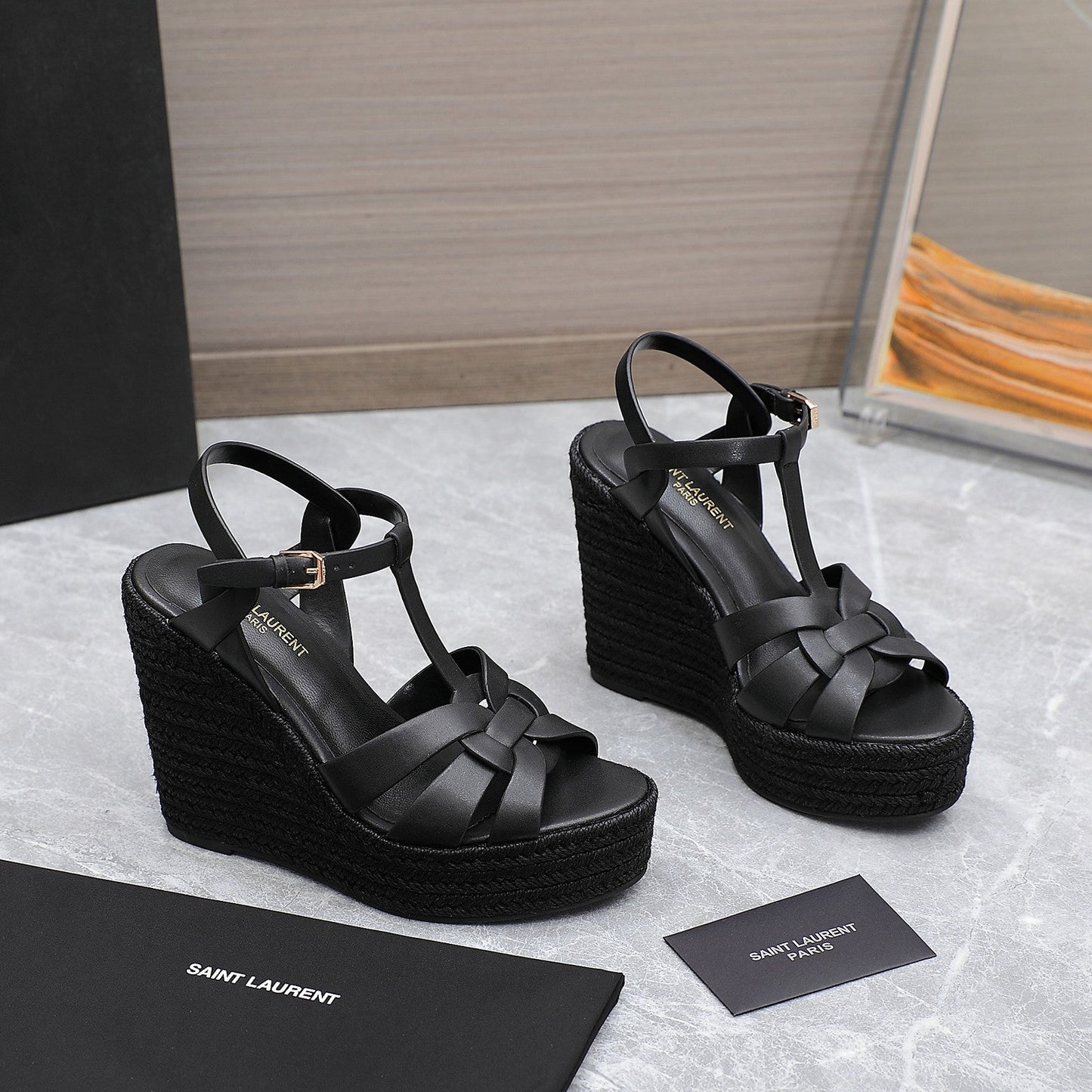 Luxury Saint Laurent SL TRIBUTE WEDGE SANDALS BLACK CALFSKIN