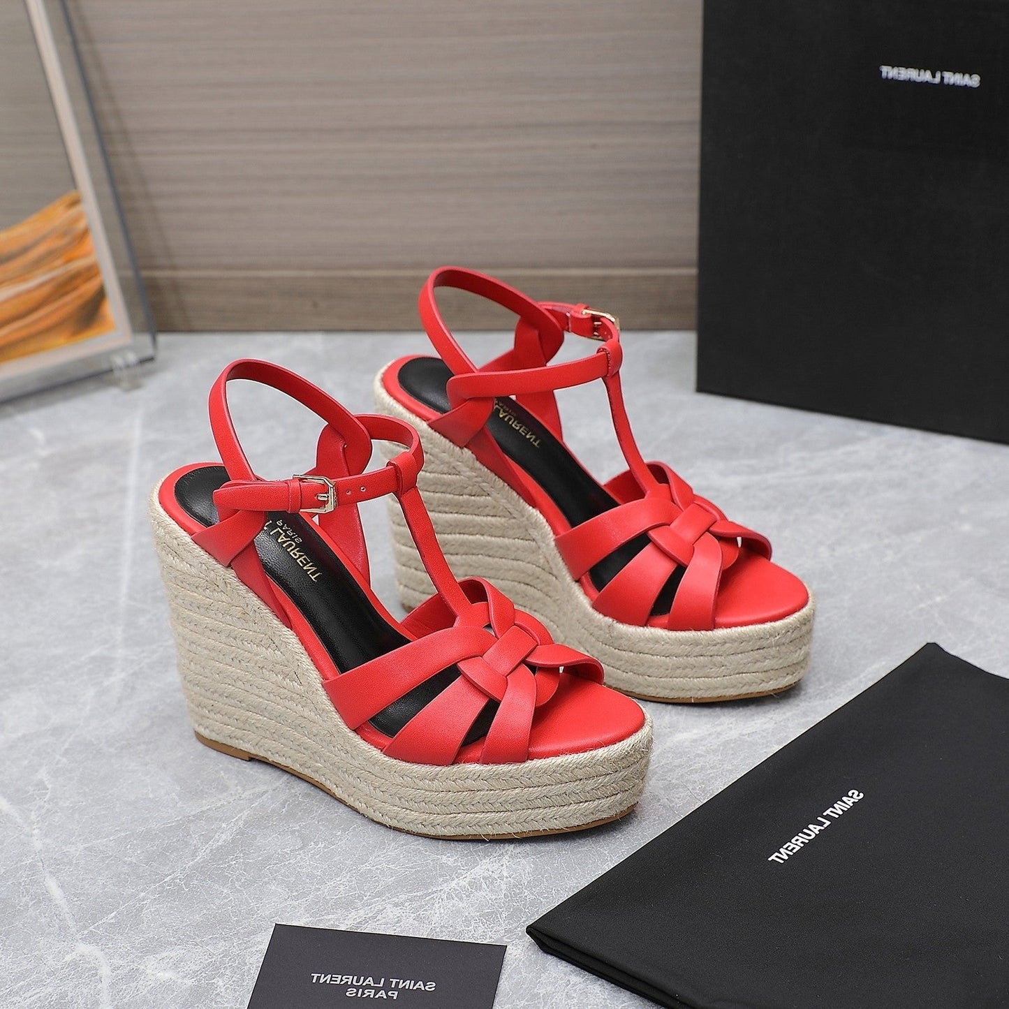 Luxury Saint Laurent SL TRIBUTE WEDGE SANDALS CRIMSON CALFSKIN