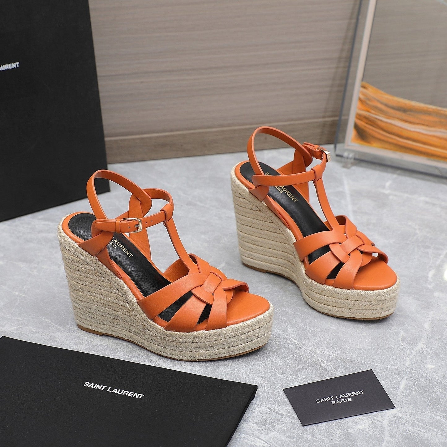 Luxury Saint Laurent SL TRIBUTE WEDGE SANDALS ORANGE CALFSKIN