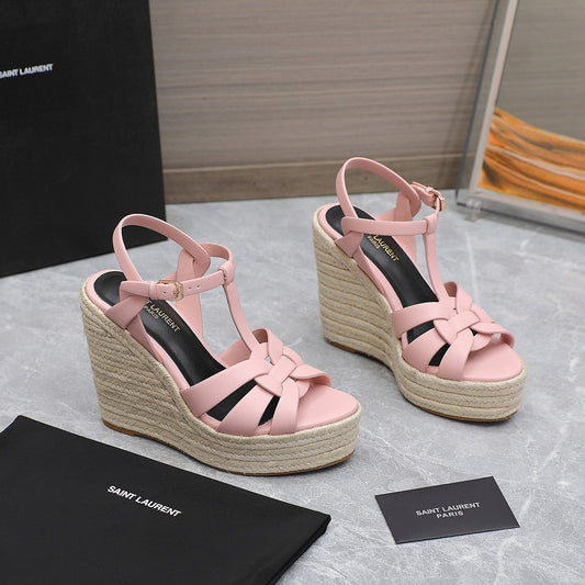 Luxury Saint Laurent SL TRIBUTE WEDGE SANDALS PALE PINK CALFSKIN