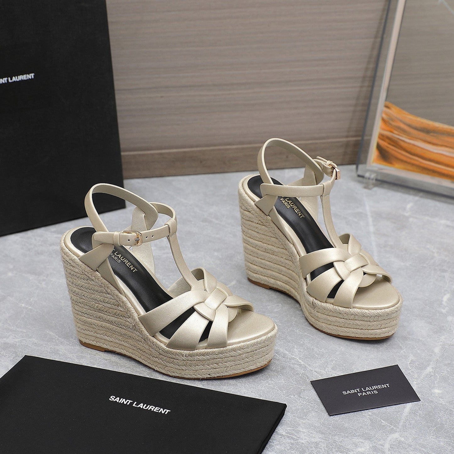 Luxury Saint Laurent SL TRIBUTE WEDGE SANDALS METALLIC BEIGE CALFSKIN