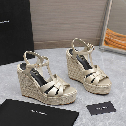 Luxury Saint Laurent SL TRIBUTE WEDGE SANDALS METALLIC BEIGE CALFSKIN