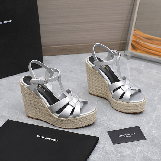 Luxury Saint Laurent SL TRIBUTE WEDGE SANDALS SILVER CALFSKIN