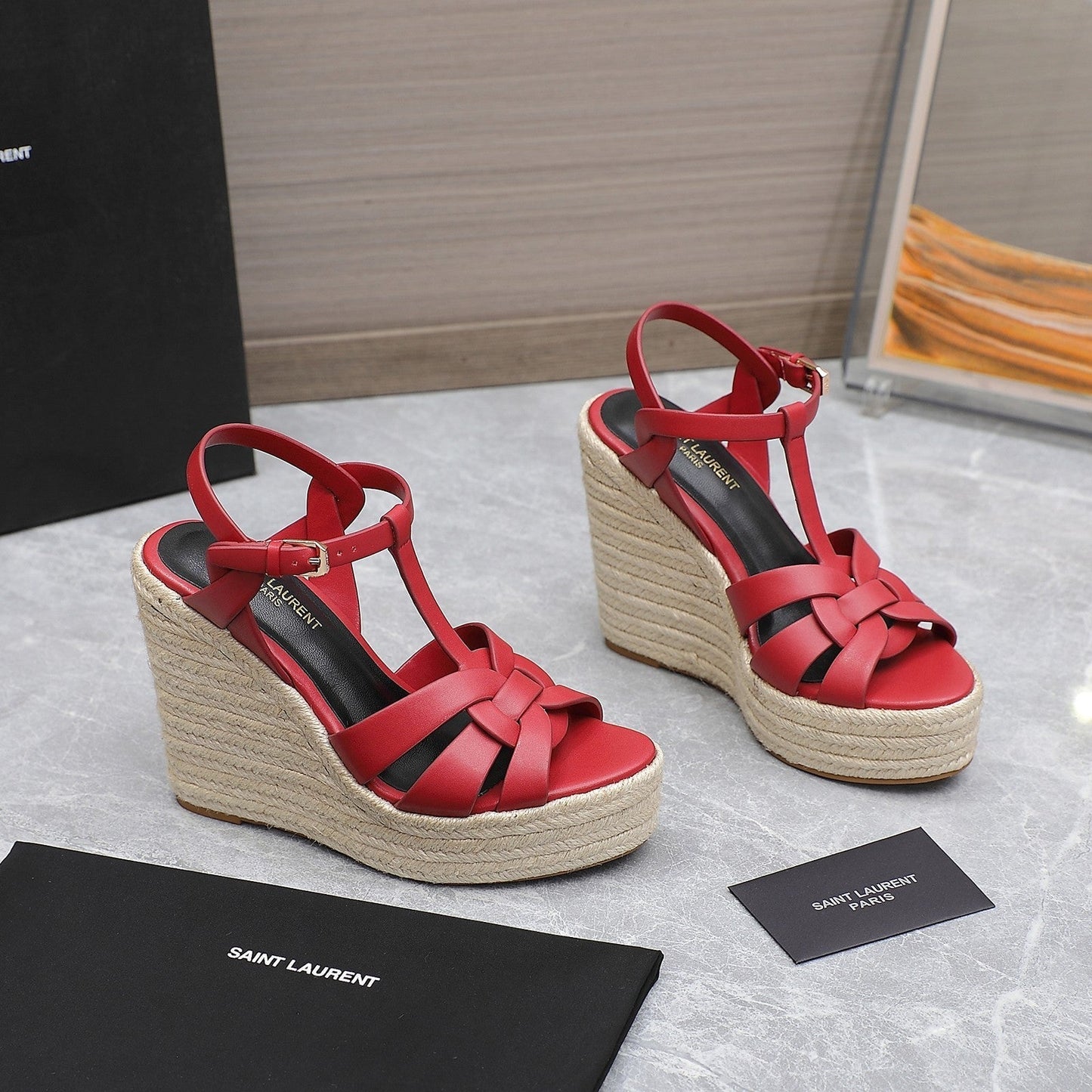 Luxury Saint Laurent SL TRIBUTE WEDGE SANDALS RED CALFSKIN