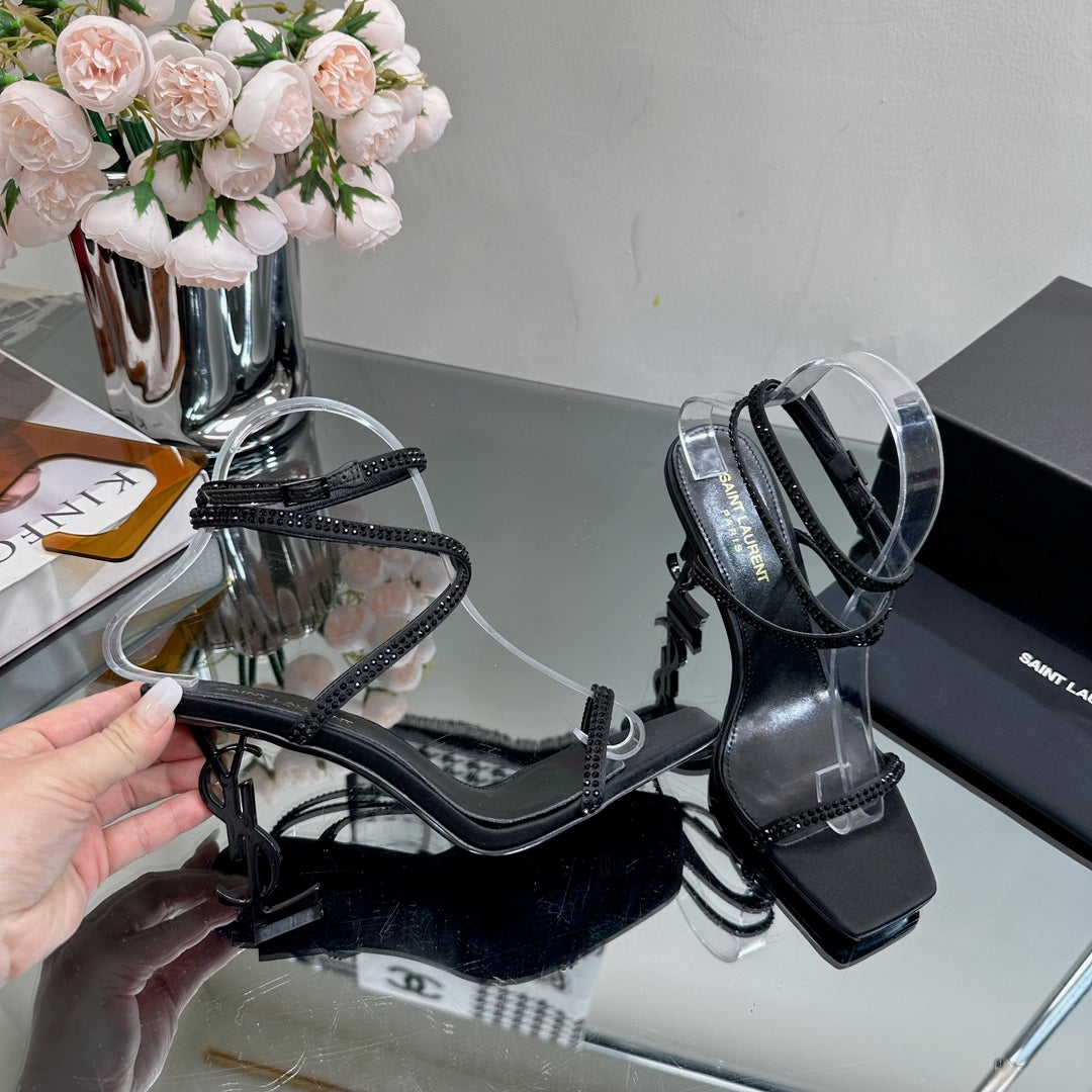 Luxury Saint Laurent SL OPYUM CRYSTAL HEELED SANDALS BLACK SATIN