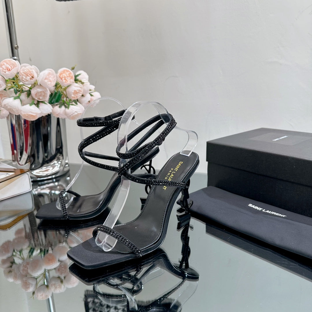 Luxury Saint Laurent SL OPYUM CRYSTAL HEELED SANDALS BLACK SATIN