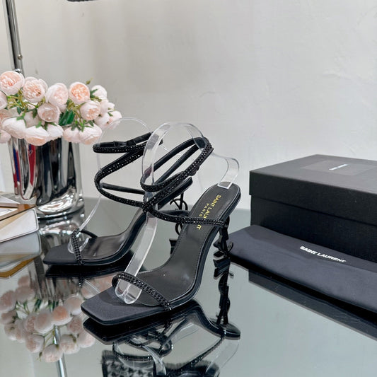 Luxury Saint Laurent SL OPYUM CRYSTAL HEELED SANDALS BLACK SATIN