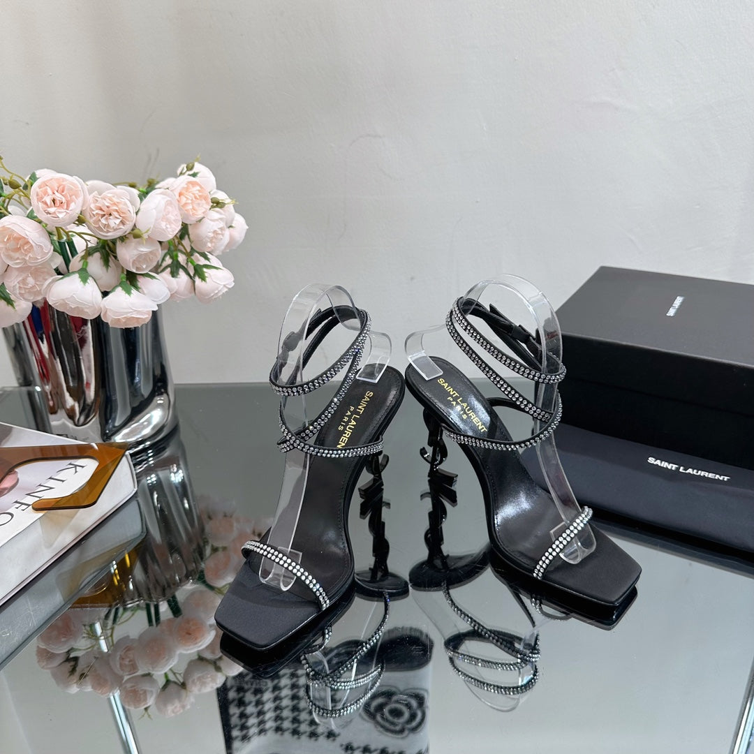Luxury Saint Laurent SL OPYUM WHITE CRYSTAL HEELED SANDALS BLACK SATIN