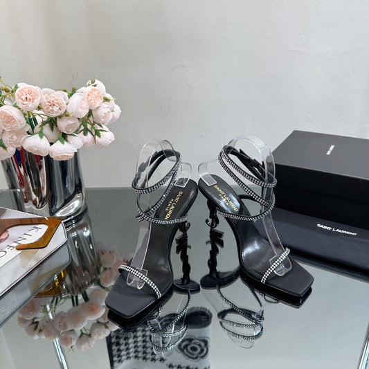 Luxury Saint Laurent SL OPYUM WHITE CRYSTAL HEELED SANDALS BLACK SATIN