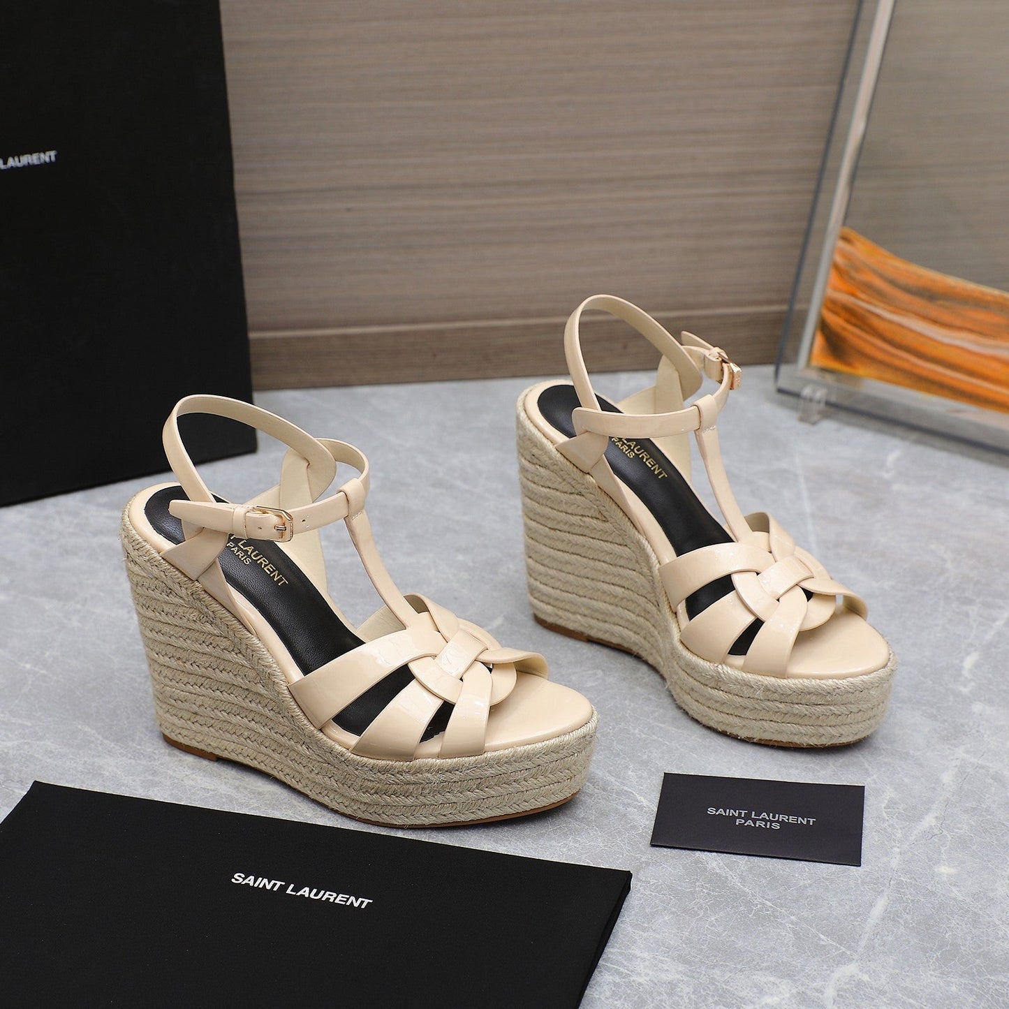Luxury Saint Laurent SL TRIBUTE WEDGE SANDALS BEIGE POLISHED CALFSKIN