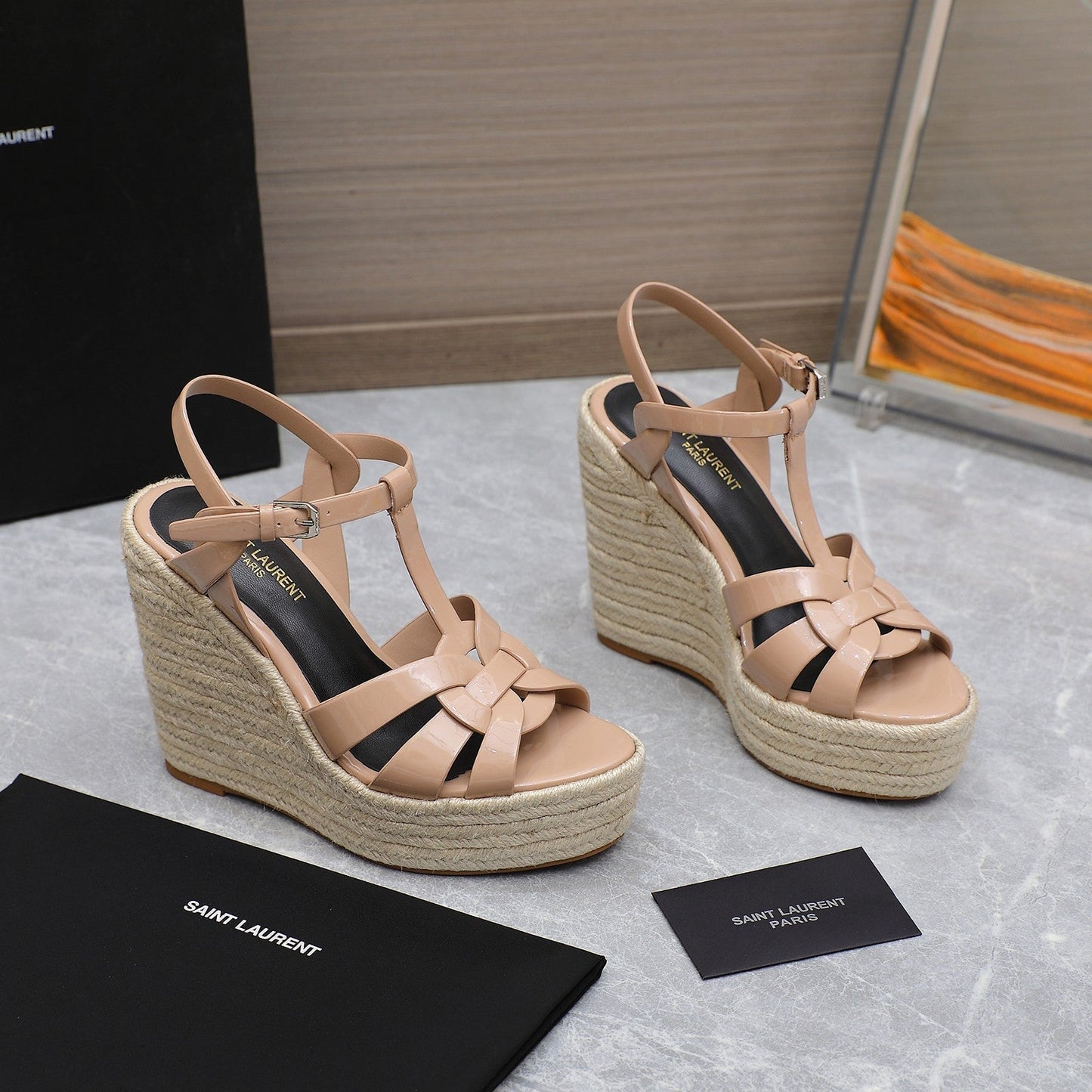 Luxury Saint Laurent SL TRIBUTE WEDGE SANDALS PINK NUDE POLISHED CALFSKIN