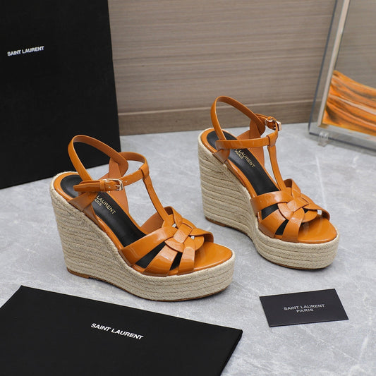 Luxury Saint Laurent SL TRIBUTE WEDGE SANDALS TANGERINE POLISHED CALFSKIN