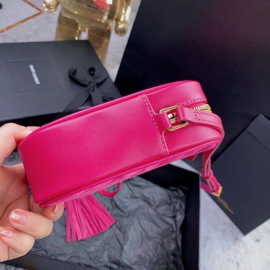 Luxury Saint Laurent LOU CAMERA BAG 23 IN BRIGHT PINK SUEDE AND CALFSKIN TRIM